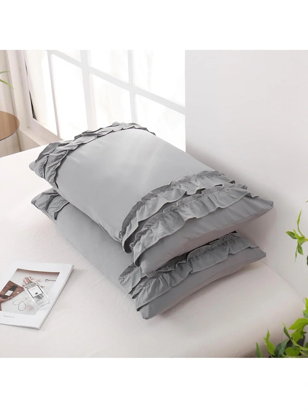 Grey Ruffle Pillow Shams,Queen Size Pillowcase Set Of 2,20x30 2367/bb8-1
